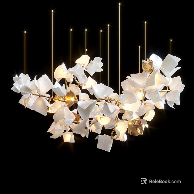 Elegant Modern Chandelier Featuring White Petal Shaped Structure And Golden Metal Accents 3d model 
