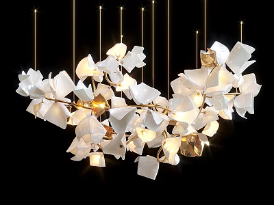 Elegant Modern Chandelier Featuring White Petal Shaped Structure And Golden Metal Accents 3d model