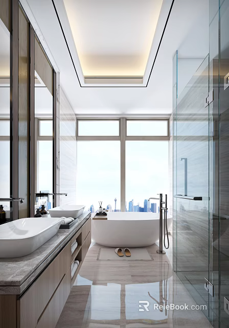 Luxurious Modern Bathroom with Freestanding Bathtub Large Windows City Skyline View Double Sinks Glass Shower 3d model 