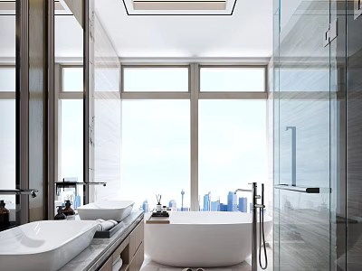 Luxurious Modern Bathroom with Freestanding Bathtub Large Windows City Skyline View Double Sinks Glass Shower 3d model