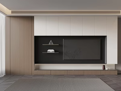 Modern Living Room Feature Wall With TV Wooden White Cabinets Shelves And Drawers 3d model