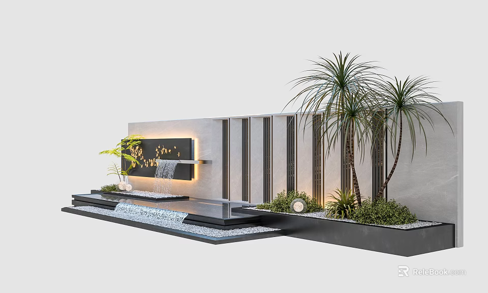 Modern Feature Wall With Water Feature Palms Greenery And Lighting Design 3d model 