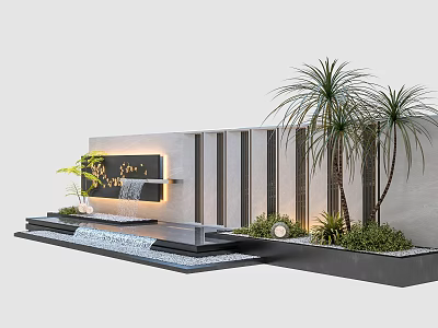 Modern Feature Wall With Water Feature Palms Greenery And Lighting Design 3d model