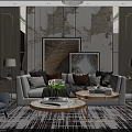 Modern Living Room Sofa And Coffee Table Set With Decorative Pillows Wall Art And Lamps