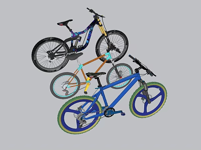 Three Colorful Mountain Bicycles With Different Styles And Distinctive Frames 3d model