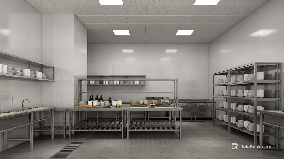 Commercial Kitchen Interior With Stainless Steel Shelves Worktables White Tiled Walls And Ingredients 3d model 