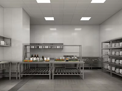 Commercial Kitchen Interior With Stainless Steel Shelves Worktables White Tiled Walls And Ingredients 3d model