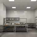 Commercial Kitchen Interior With Stainless Steel Shelves Worktables White Tiled Walls And Ingredients