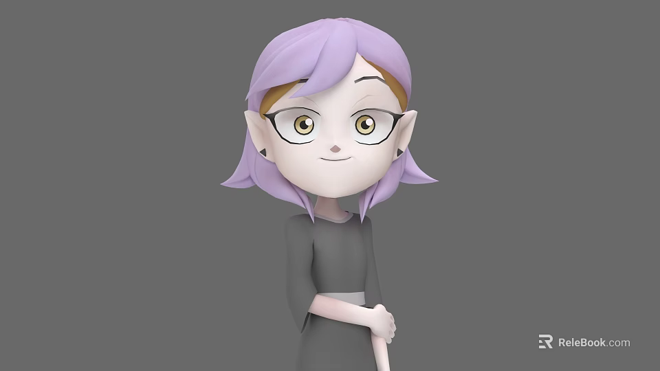 3D Game Movie Character With Purple Hair Glasses Pointed Ears And Black Dress Standing Pose 3d model 