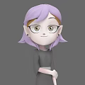 3D Game Movie Character With Purple Hair Glasses Pointed Ears And Black Dress Standing Pose