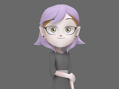 3D Game Movie Character With Purple Hair Glasses Pointed Ears And Black Dress Standing Pose 3d model
