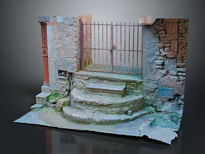 Ancient Iron Entrance Gate With Stone Walls And Moss Covered Stone Steps 3d model