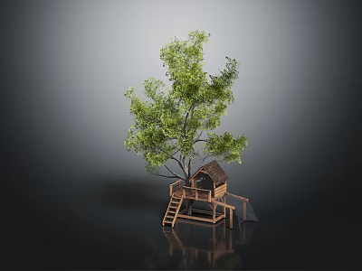 Tree With Green Leaves And Wooden Treehouse Featuring Ladder And Small Roof 3d model