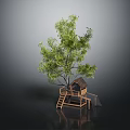 Tree With Green Leaves And Wooden Treehouse Featuring Ladder And Small Roof