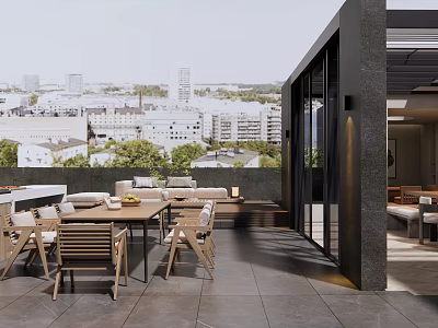 Modern Outdoor Table Setup On Terrace With City View And Wooden Chairs 3d model