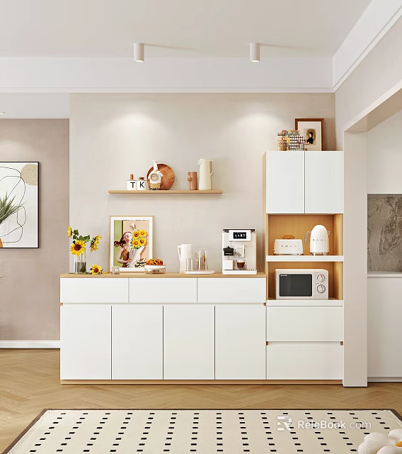 Modern White Sideboard with Open Shelves Coffee Machine and Decorative Items 3d model