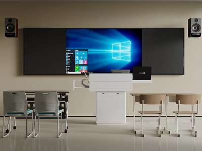 Modern Space Saving Classroom Desks And Chairs Combination With Intelligent Teaching Screen And Podium 3d model