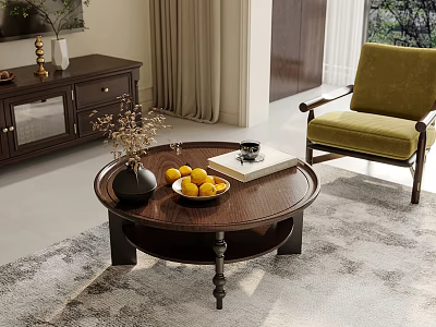 Round Wooden Coffee Table With Lemons Book And Vase In Modern Living Room 3d model