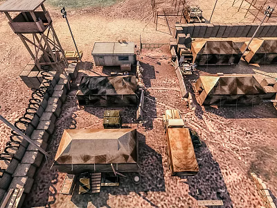 Military Camp Site With Watchtower Tents Vehicles Sandy Terrain And Temporary Structures 3d model