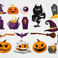 Halloween Icon Collection With Pumpkins Witch Hat Tombstone Bat And Cauldron 3d model