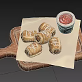 Delicious Sausage Rolls Served on Wooden Tray with White Paper and Ketchup