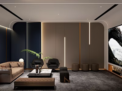 Modern Home Theater Interior With Comfortable Sofa Large Screen Sound System And Ambient Lighting 3d model