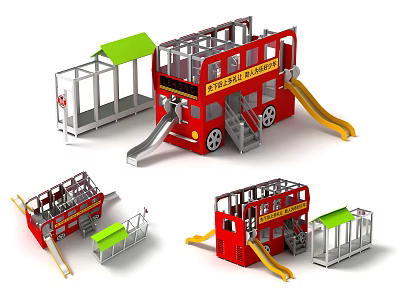 Children's Red Double Decker Bus Shaped Playground Equipment With Slides Green Roof And Stairs 3d model