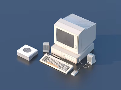 Vintage Desktop Computer with Monitor Keyboard Mouse Speakers and White Peripheral 3d model