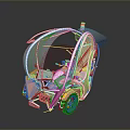 Futuristic Three Wheeled Vehicle With Transparent Canopy Colorful Metallic Finish And Green Wheels