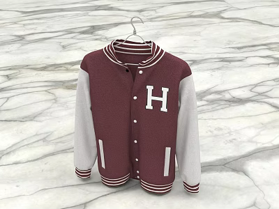 Maroon Gray Contrast Sleeve Varsity Jacket With White H Letter And Striped Collar 3d model