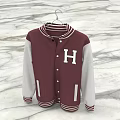 Maroon Gray Contrast Sleeve Varsity Jacket With White H Letter And Striped Collar