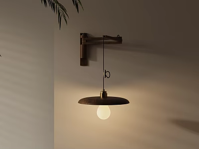 Wall Sconce with Wooden Arm Metal Shade and Warm Bulb on Beige Wall with Leaves 3d model