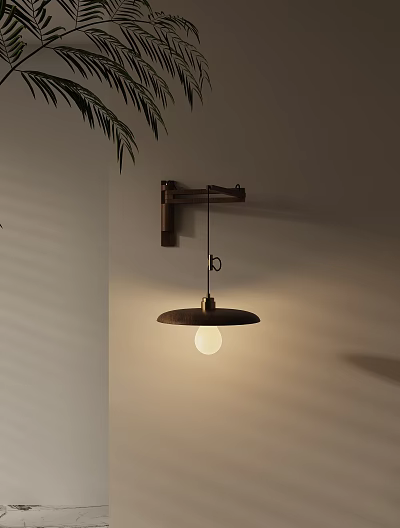 Wall Sconce with Wooden Arm Metal Shade and Warm Bulb on Beige Wall with Leaves 3d model
