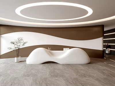 Modern Reception Desk Featuring Curved Design Brown White Wave Wall Circular Ceiling Light Marble Floor 3d model