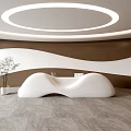 Modern Reception Desk Featuring Curved Design Brown White Wave Wall Circular Ceiling Light Marble Floor 3d model
