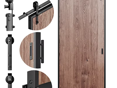 Barn Door With Wooden Panel And Hardware Components 3d model
