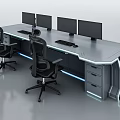 Modern Functional Desk With Multiple Monitor Mounts Ergonomic Chairs Storage Drawers And LED Lights