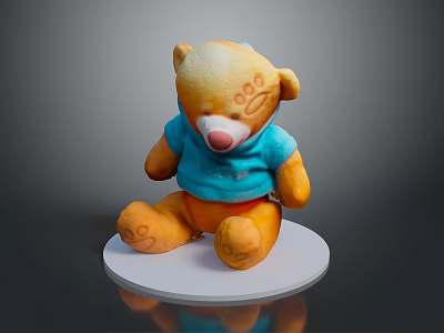 Yellow Stuffed Bear Wearing Blue Shirt With Footprints On Paws Sitting On White Base 3d model