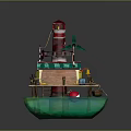 Scenic Waterfront View of Lighthouse with Small Cabin on Wooden Platform Over Green Water