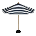 Blue And White Striped Patio Umbrella With Wooden Pole And Black Base For Outdoor Use