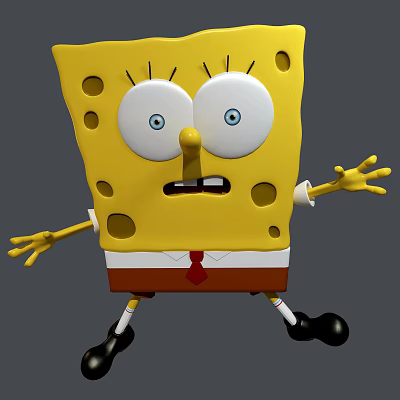 SpongeBob SquarePants Doll With Yellow Body Big Eyes Red Tie Open Arms Surprised Expression 3d model
