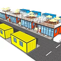 Multicolored Container Building Design With Terrace Umbrellas Tables And Large Glass Windows 3d model