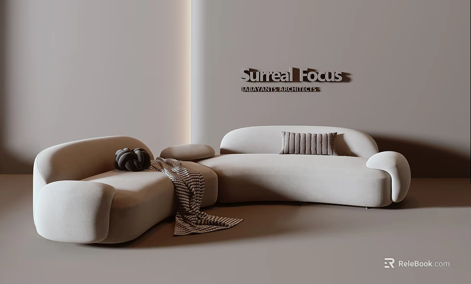 Beige L shaped Sectional Sofa Featuring Striped Pillow And Throw Blanket In Minimalist Interior 3d model 