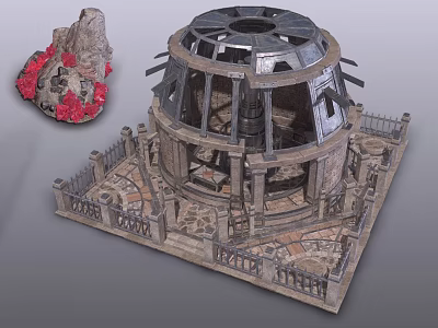 Architectural Model of Dome Structure with Stone Base Fence Pillars and Red Decorative Rockery 3d model