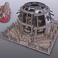 Architectural Model of Dome Structure with Stone Base Fence Pillars and Red Decorative Rockery