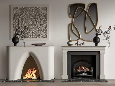 Modern and Classic Fireplaces Interior with Decorative Wall Art Mantel Decor Flames and Wood Logs 3d model