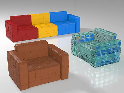 Colorful Block Pattern Modern Sofa Set With Multicolor Sections And Single Seats 3d model