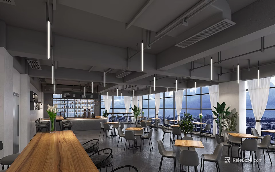 Modern Industrial Café Interior With Open Layout Wooden Tables Green Plants And Large Windows 3d model 