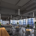 Modern Industrial Café Interior With Open Layout Wooden Tables Green Plants And Large Windows