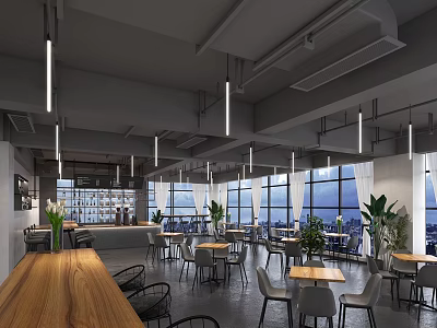 Modern Industrial Café Interior With Open Layout Wooden Tables Green Plants And Large Windows 3d model